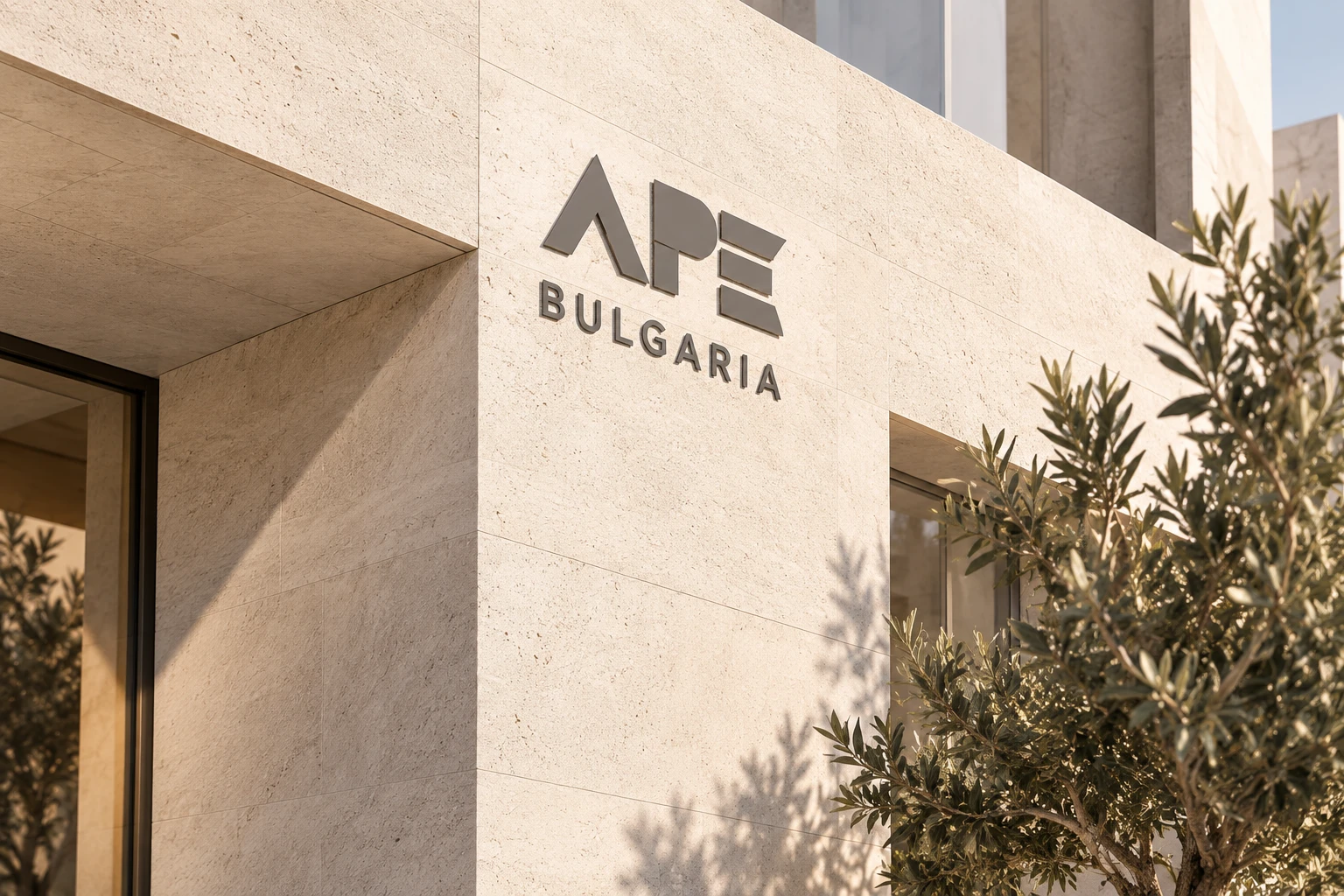APE Bulgaria — лого на фасадата на сграда